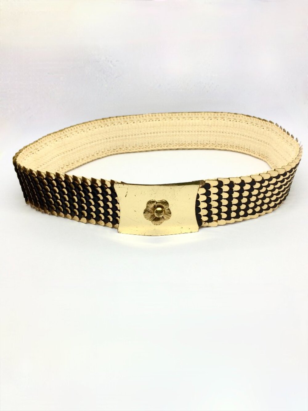 VINTAGE BLACK GOLD Scale Belt Stretch Floral Buckle Wide 80s Disco Statement